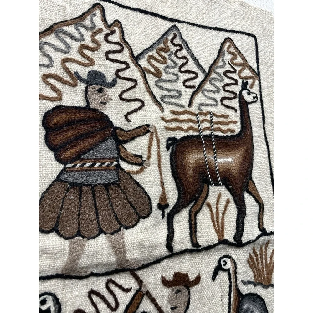 Vintage Andean wool appliqué textile wall Hanging llama, fisherman, and Mountain